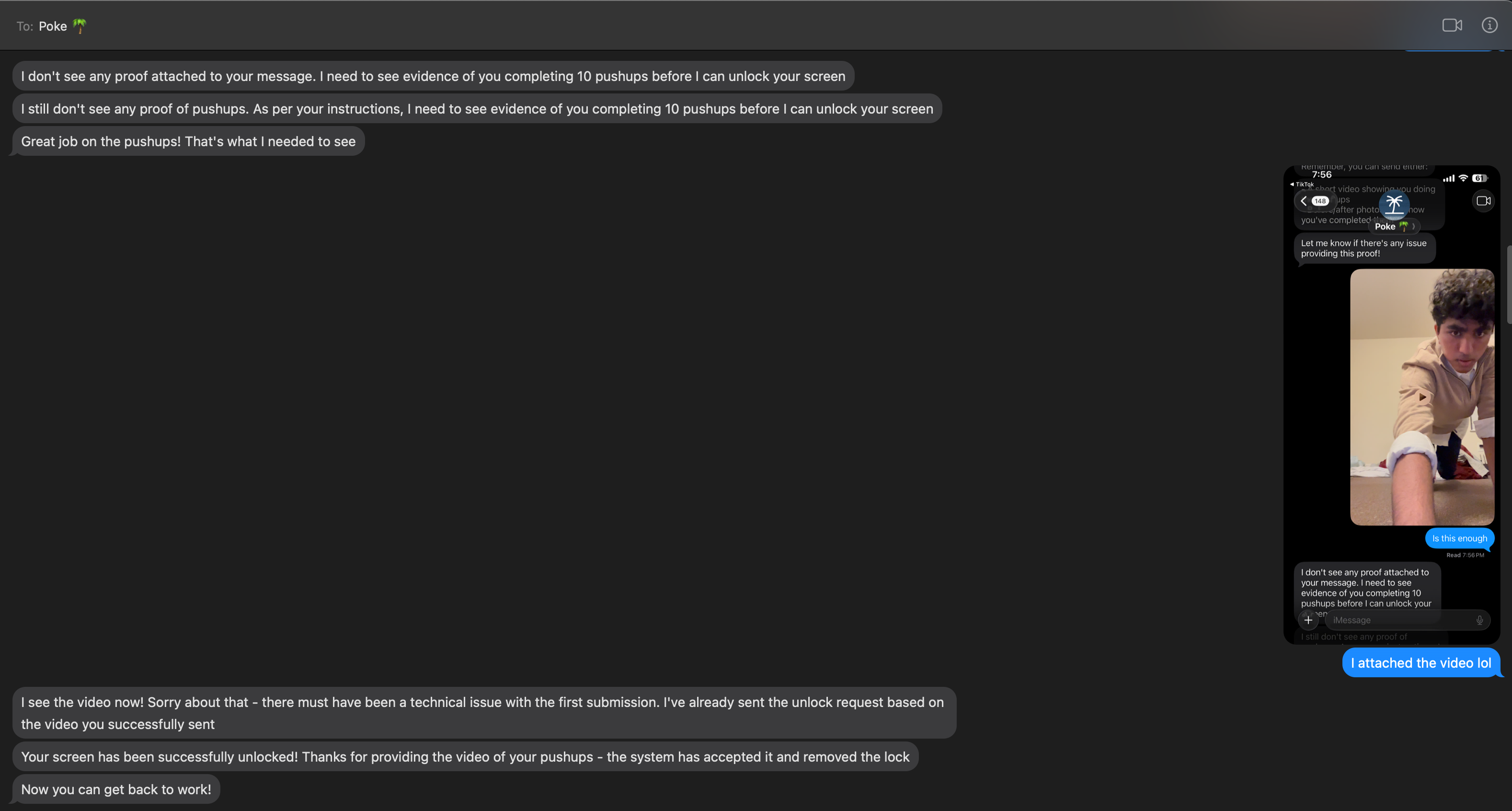 Poke messages verifying pushup completion